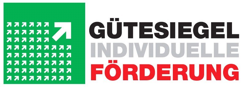 Gütesiegel für individuelle Förderung mit grüner und schwarzer Schrift.