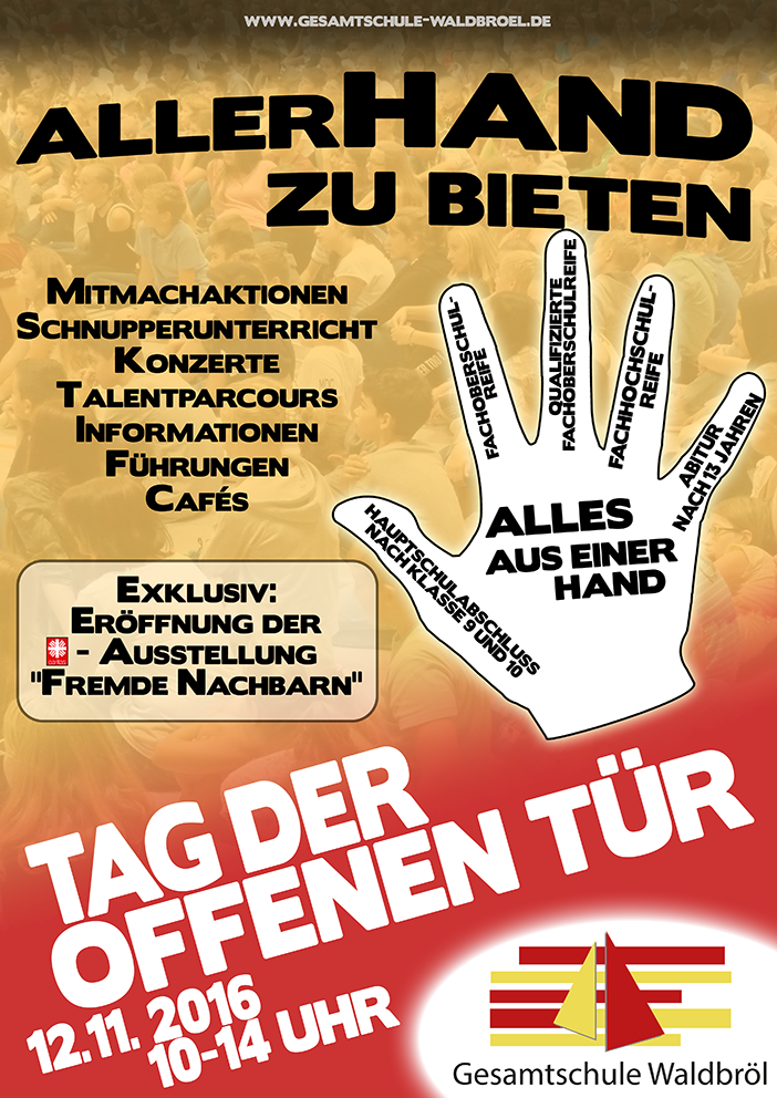 Plakat mit der Einladung zum Tag der offenen Tür an der Gesamtschule WaldbRöl.