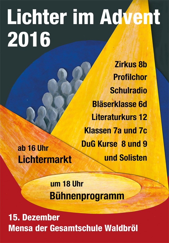 Buntes Plakat für "Lichter im Advent" mit Veranstaltungen und Zeitangaben.