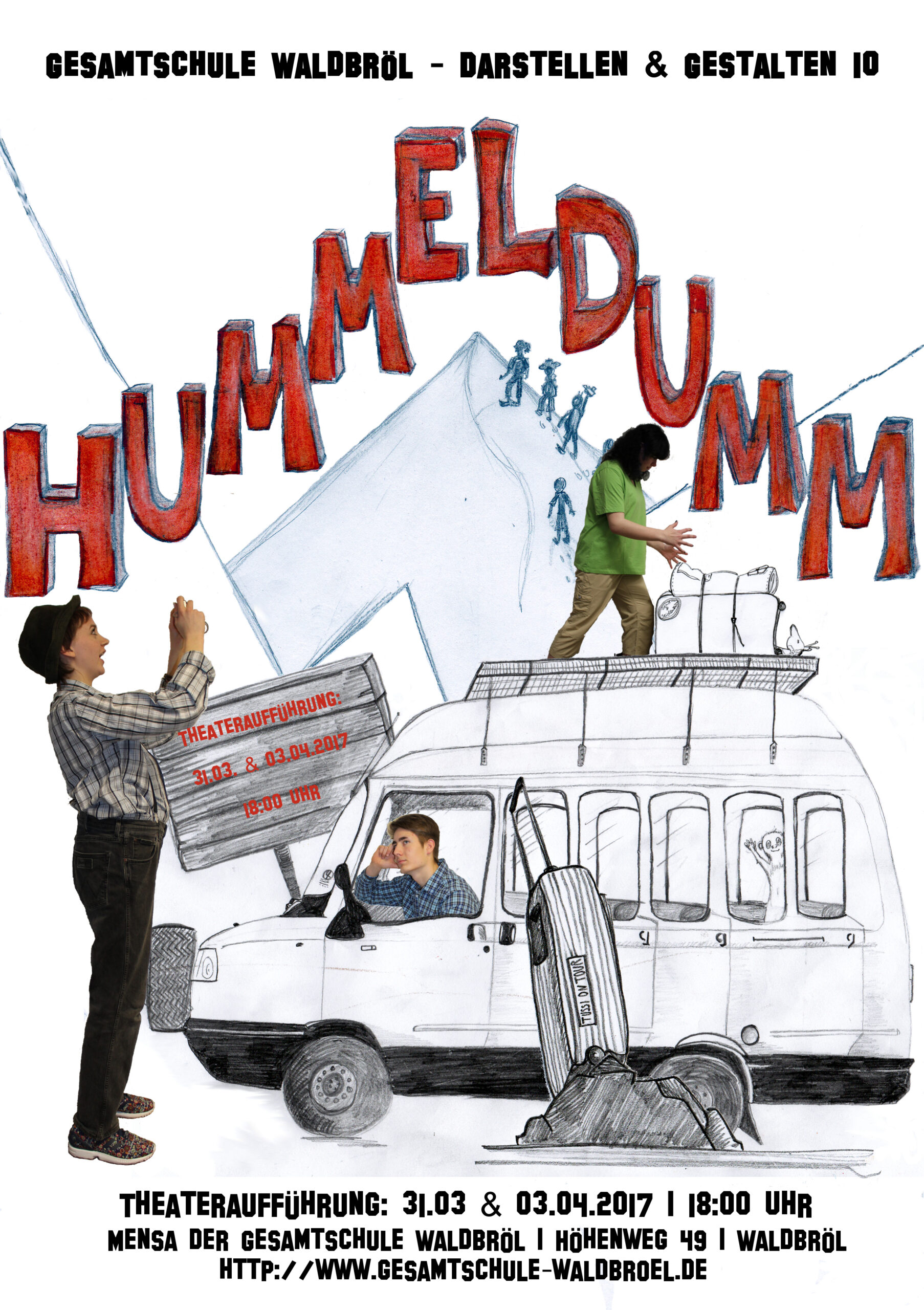 Plakat für das Theaterstück "Hummeldumm" mit Informationen zur Aufführung.