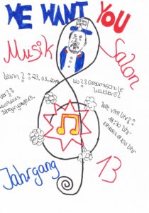 Plakat mit Einladung zum Musik-Salon, Datum und Informationen über die Veranstaltung.