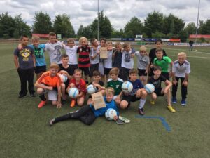 Gruppenschüler mit Fußbällen auf einem Fußballplatz, fröhliche Gesichter.