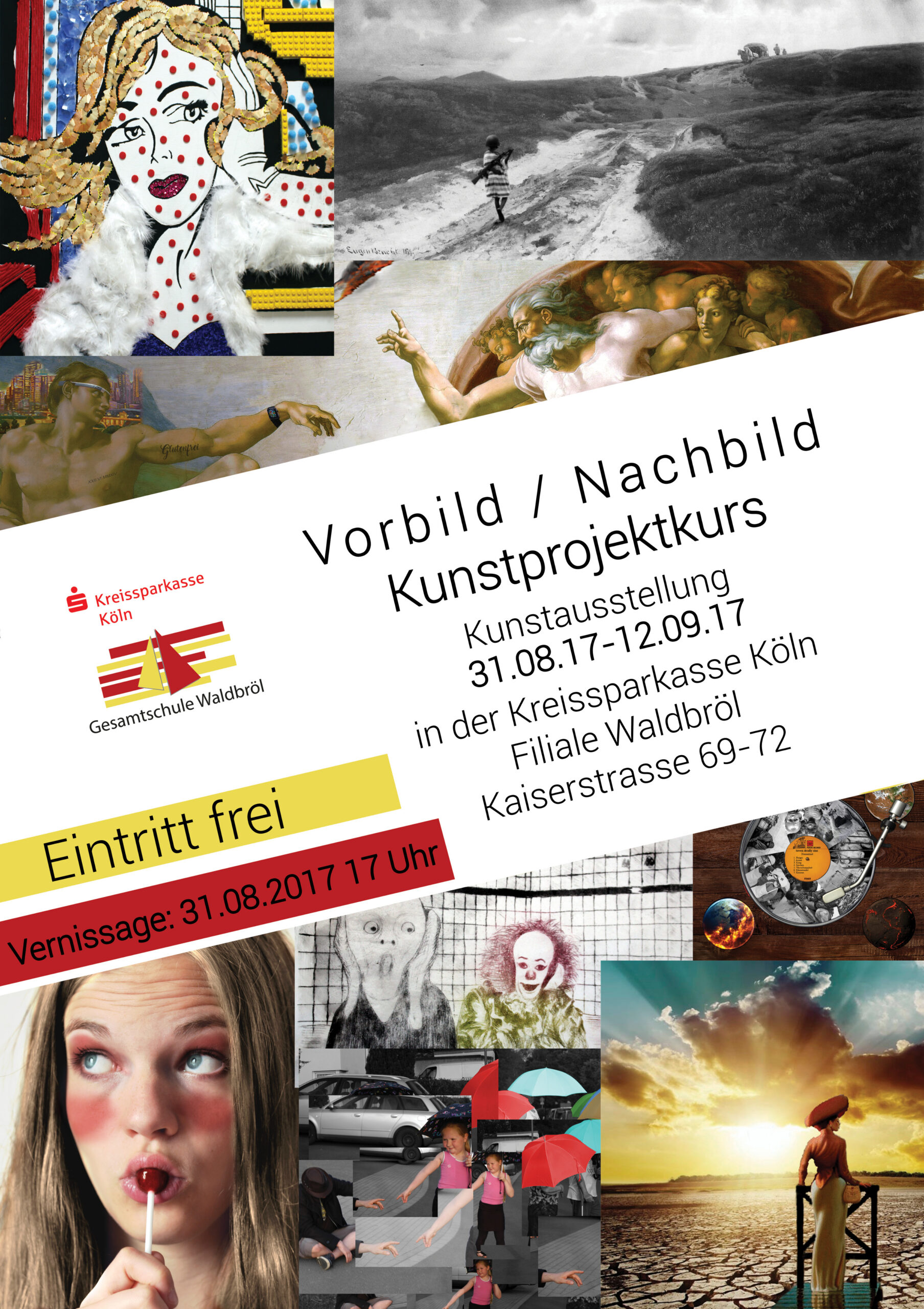 Plakat für eine Kunstausstellung mit verschiedenen Kunstwerken und Infos zur Veranstaltung.