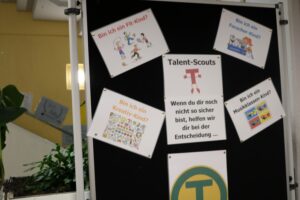 Vitrine mit Plakaten zu Talent-Scouts und Entscheidungsfindung.