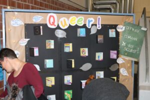 Ausstellungstafel mit dem Thema "Queer!" und bunten Buchillustrationen.