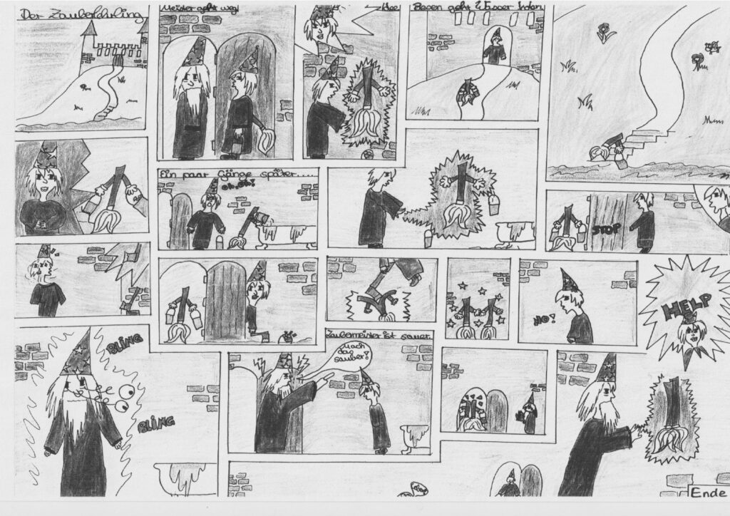 Comic mit Szenen von Hexen und Zauberern in verschiedenen Situationen.