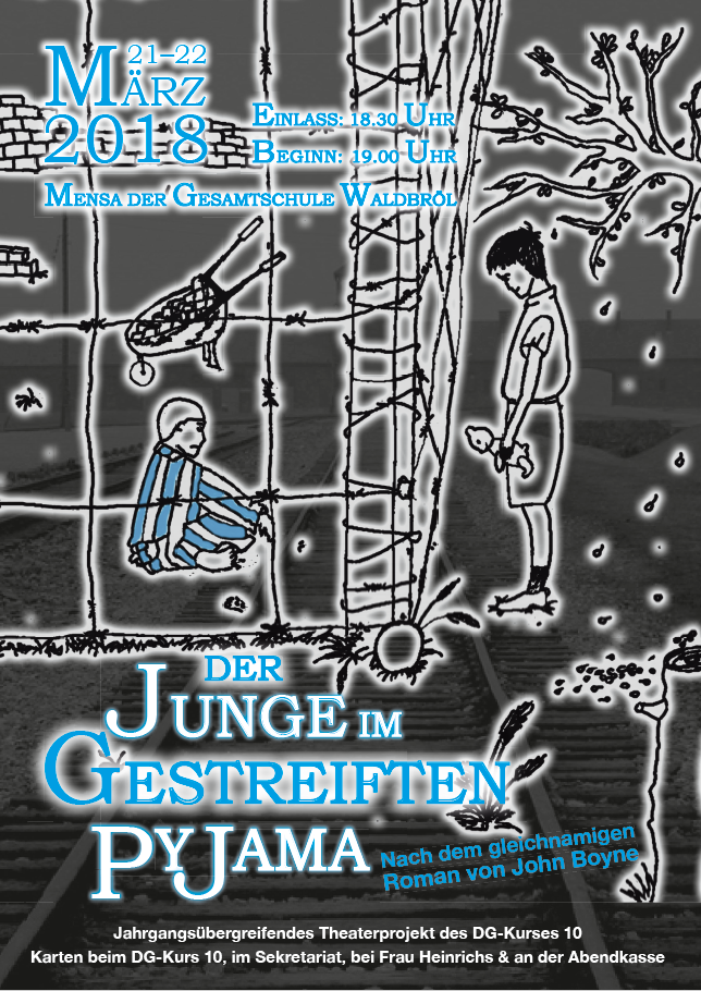 Plakat für das Theaterstück "Der Junge im gestreiften Pyjama" mit Informationen zur Veranstaltung.