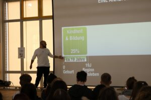 Mann präsentiert Informationen über Kinder und Bildung vor Schülern.