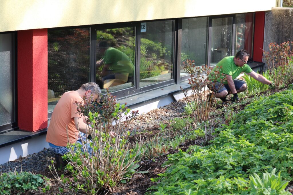 Zwei Personen arbeiten im Garten und pflegen die Pflanzen neben einem Gebäude.