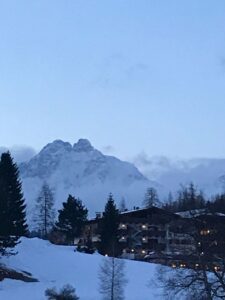 Schneebedeckte Berge und eine bewaldete Hügelkette im Hintergrund.