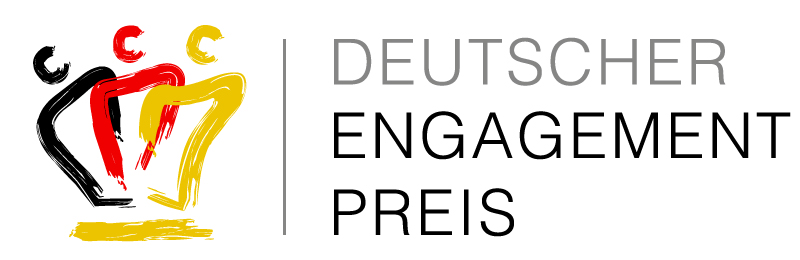 Logo des Deutschen Engagementpreises mit drei stilisierten Figuren in rot, gelb und schwarz.