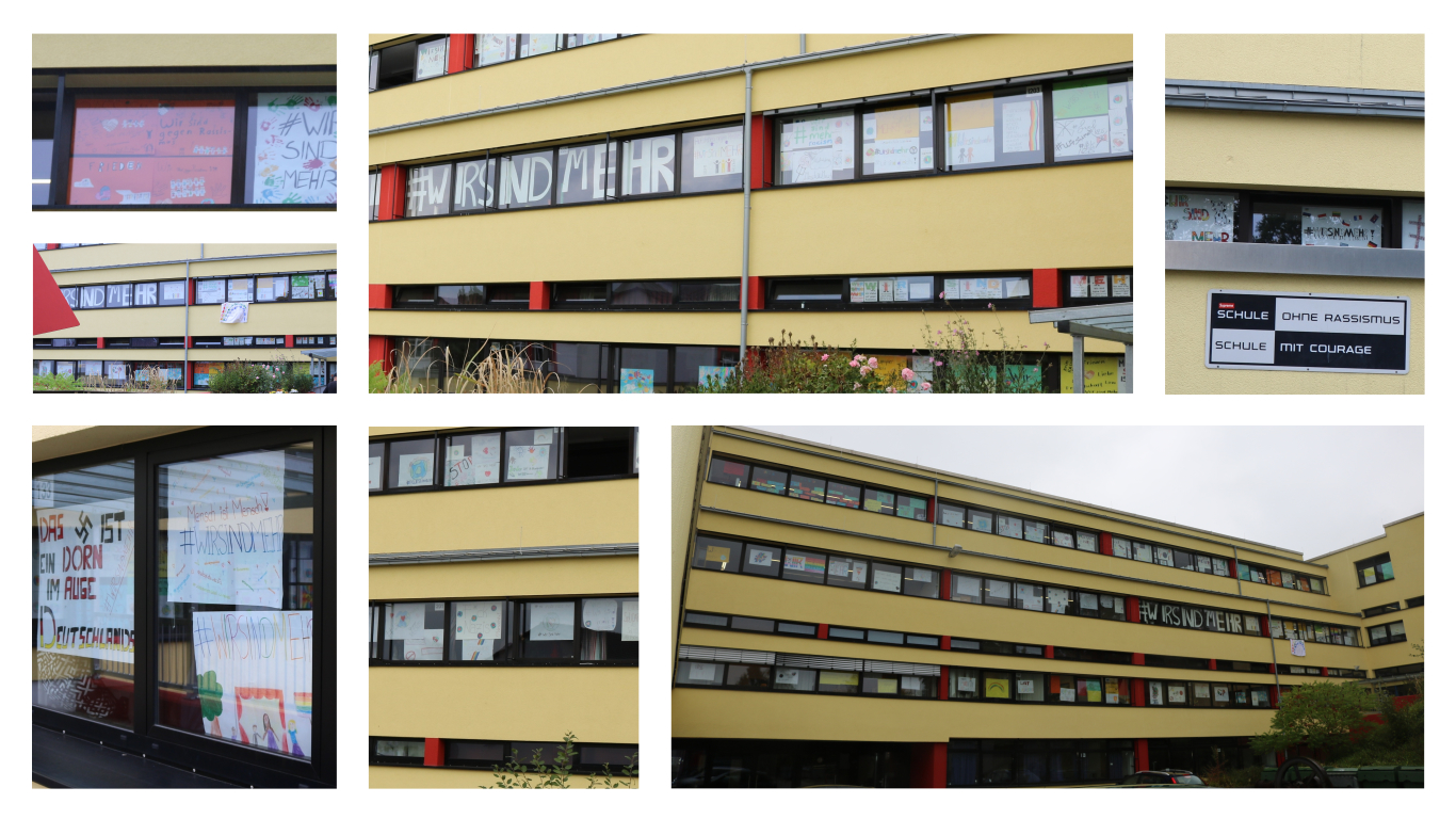 Mehrere Ansichten eines gelben Schulgebäudes mit Fenstern und Plakaten.