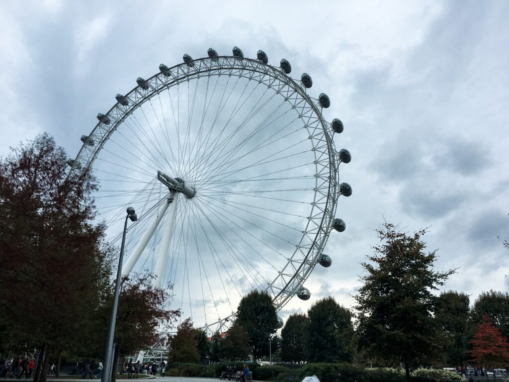 Riesenrad vor bewölktem Himmel, umgeben von Bäumen und Parklandschaft.