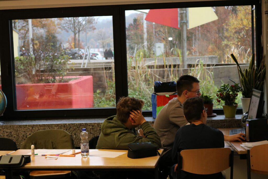 Schüler arbeiten konzentriert am Computer in einem Klassenraum.