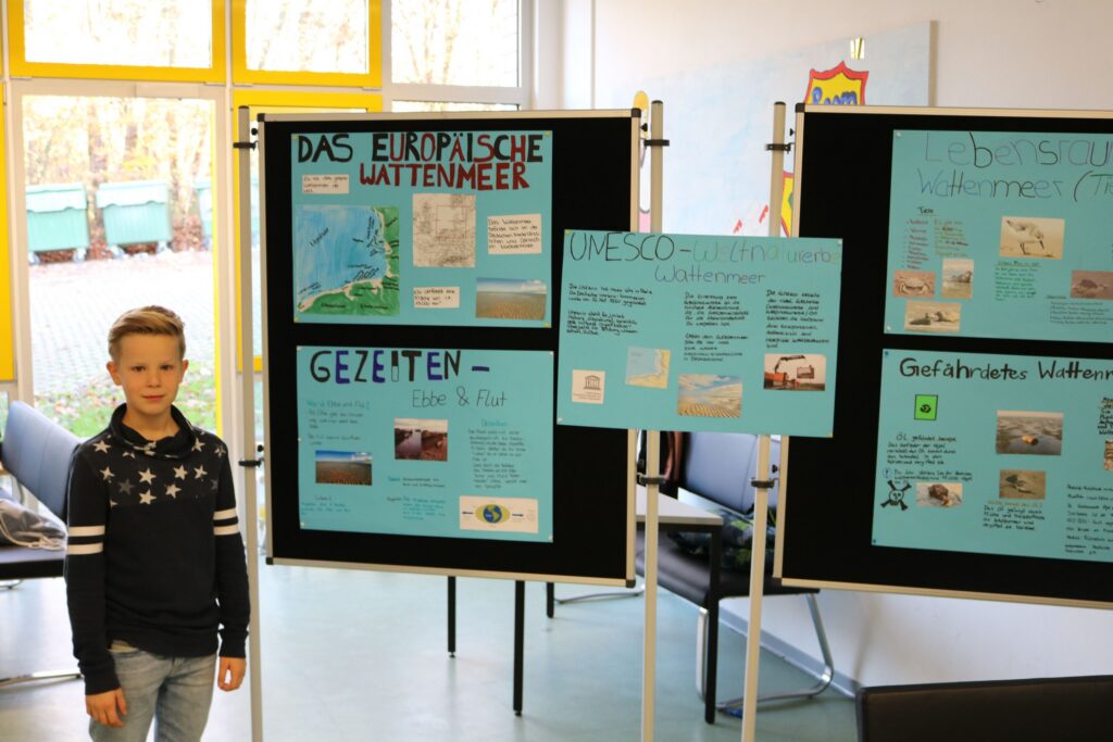 Ein Schüler steht neben Präsentationsplakaten im Klassenraum.