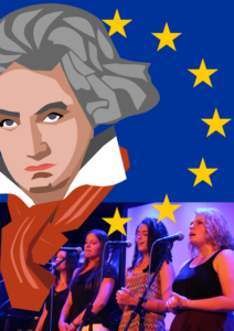 Beethoven-Illustration mit Sängerinnen vor EU-Flagge.