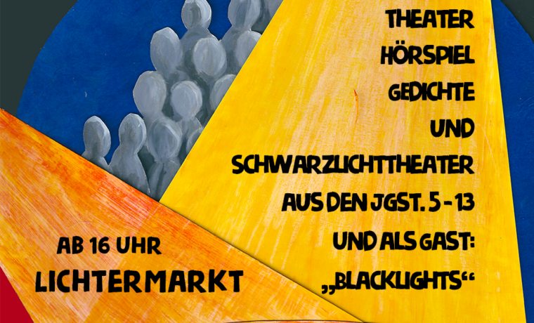 Buntes Plakat für die Veranstaltung "Lichter im Advent" mit Informationen zu Musik und Theater.