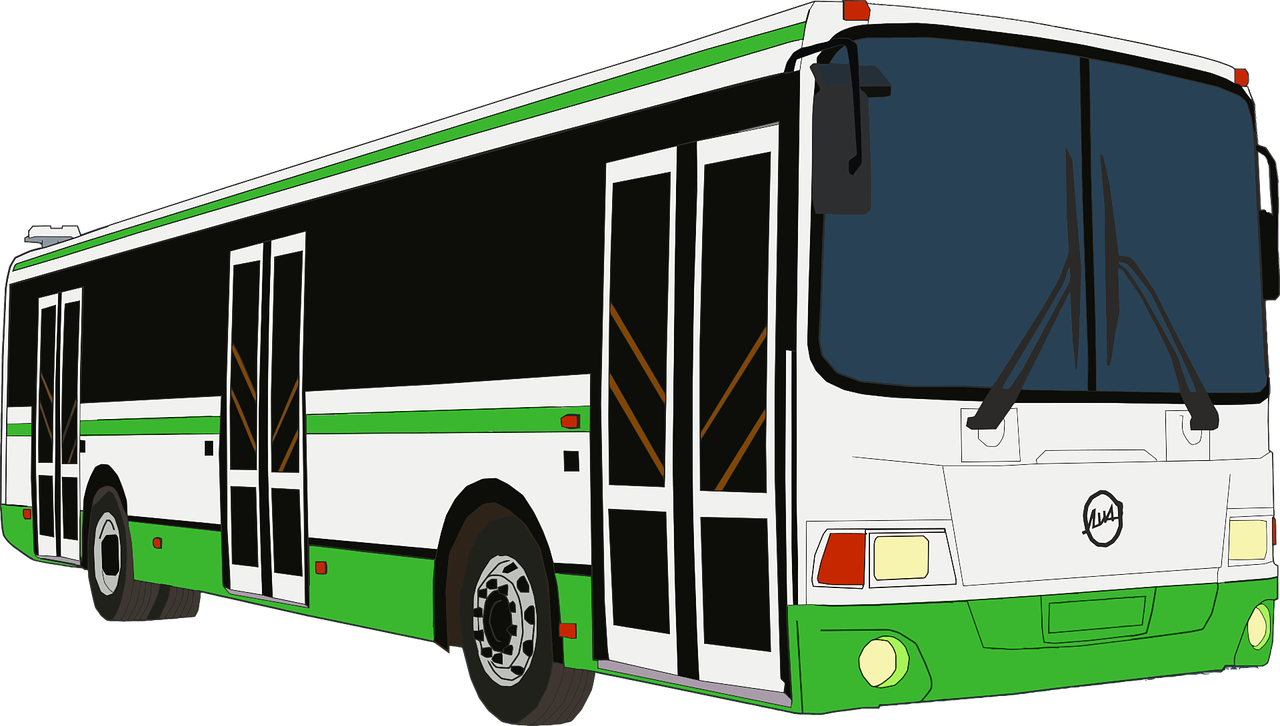 Ein grüner und weißer Bus mit mehreren Türen.