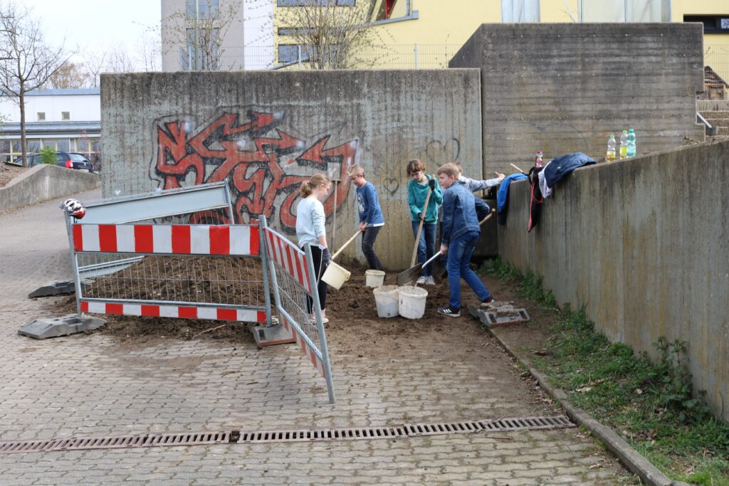 Schüler arbeiten gemeinsam an einer Baustelle und räumen Schutt weg.