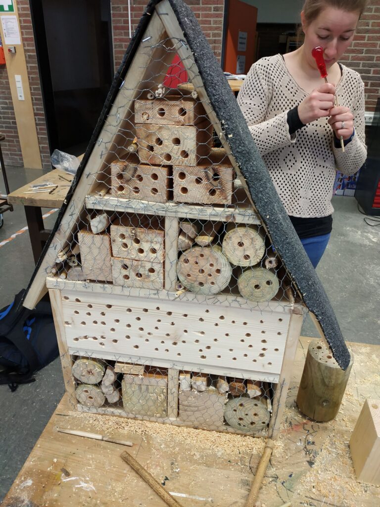Insektenhotel mit verschiedenen Röhren und Holzstücken, im Hintergrund eine Person.