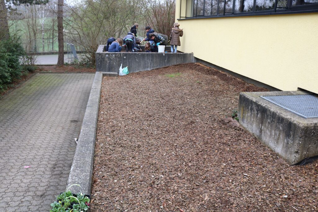 Schüler arbeiten im Garten neben einem Gebäude.