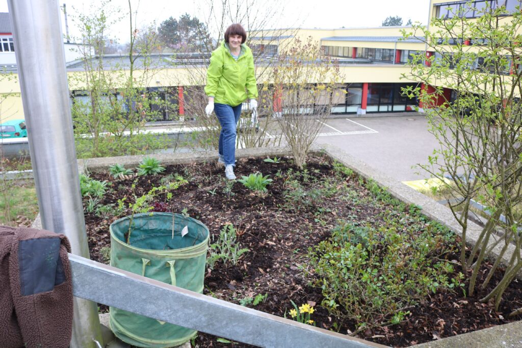 Frau in grüner Jacke arbeitet im Schulgarten zwischen Pflanzen.