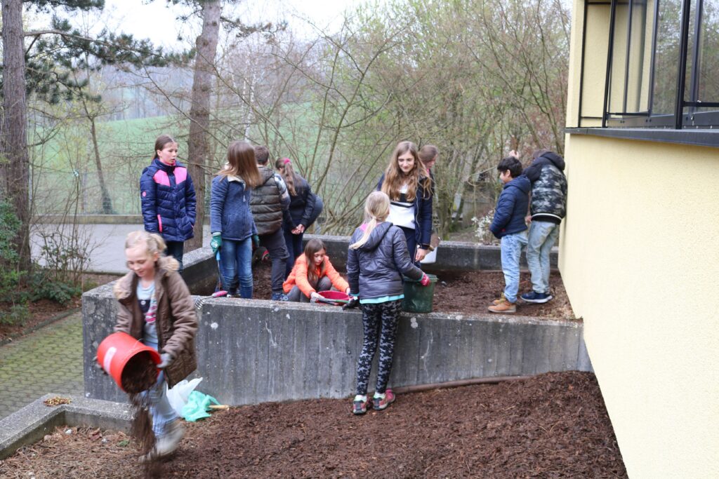 Schülerinnen und Schüler arbeiten im Garten neben der Schule.