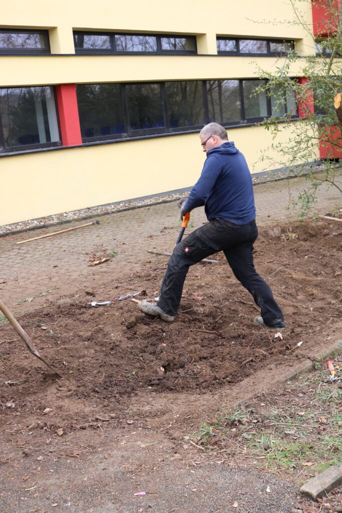 Mann gräbt in einem Schulgarten Erde um.