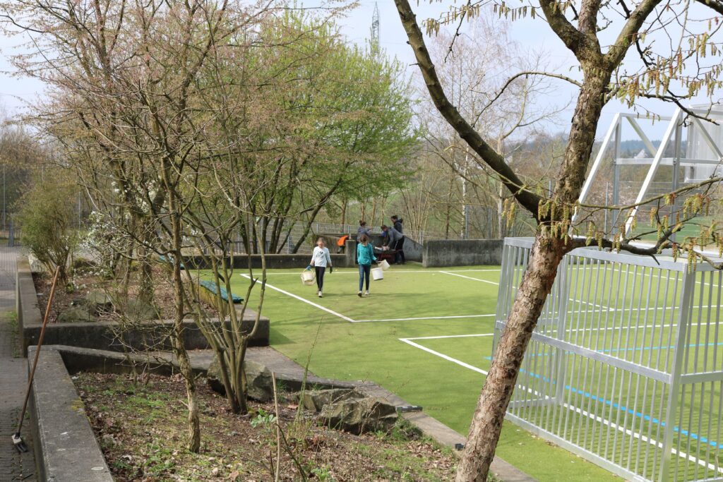 Schüler gehen über einen grünen Sportplatz, umgeben von Bäumen.