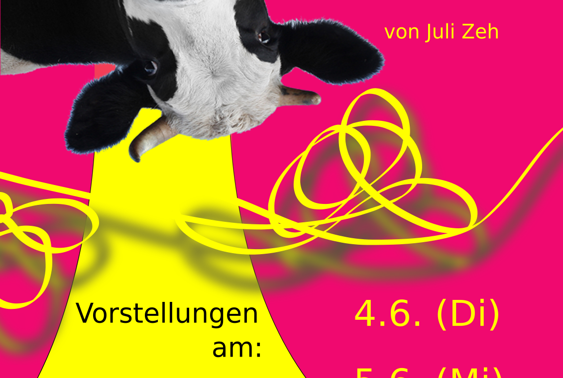 Plakat für das Stück "Yellow Line" mit einer Kuh und bunten Linien, Vorstellungstermine angegeben.