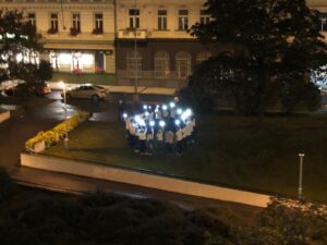 Gruppe von Menschen mit Handys in der Dunkelheit auf einer Wiese.