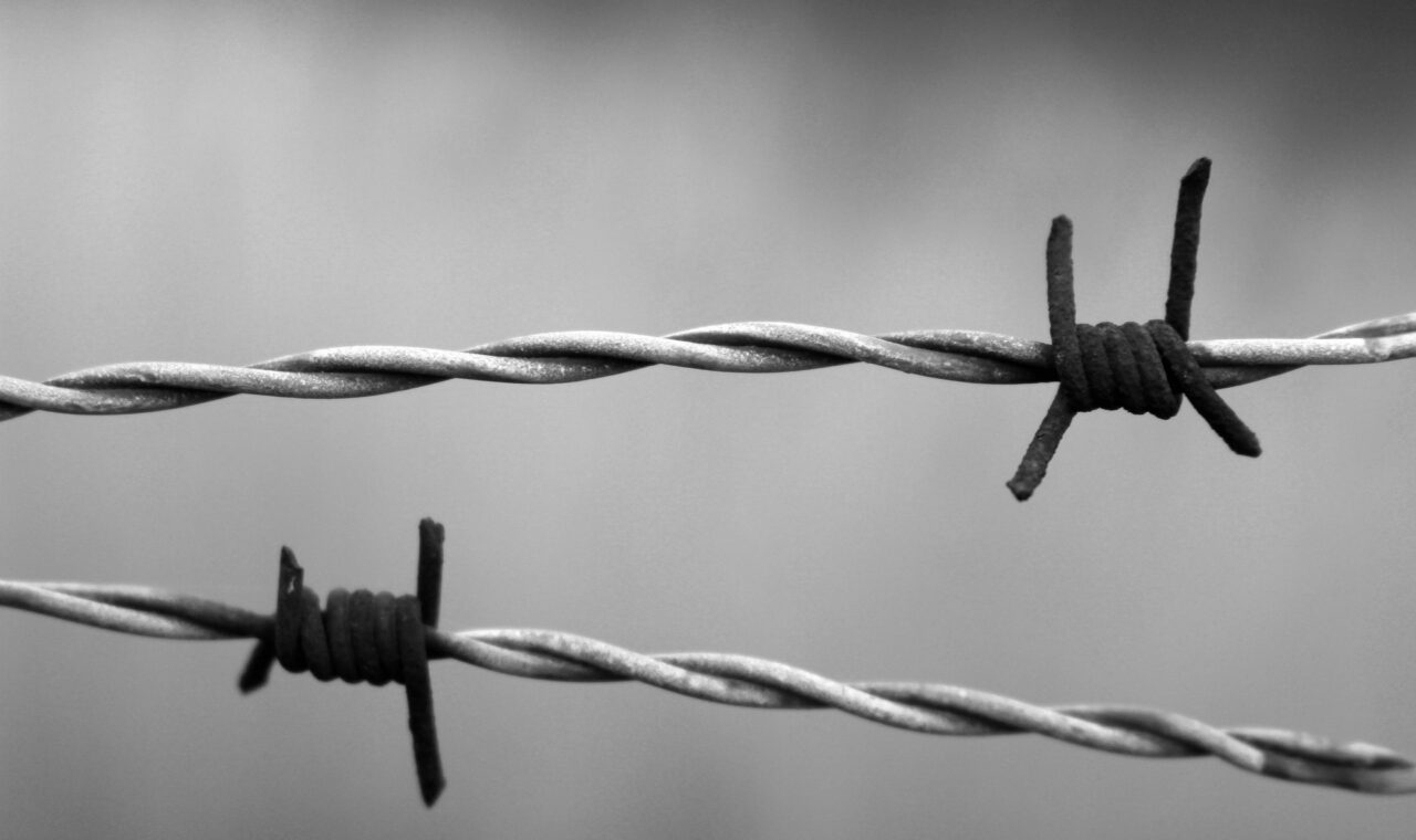 Stacheldrahtzaun in Schwarz-Weiß mit zwei Drahtspulen.