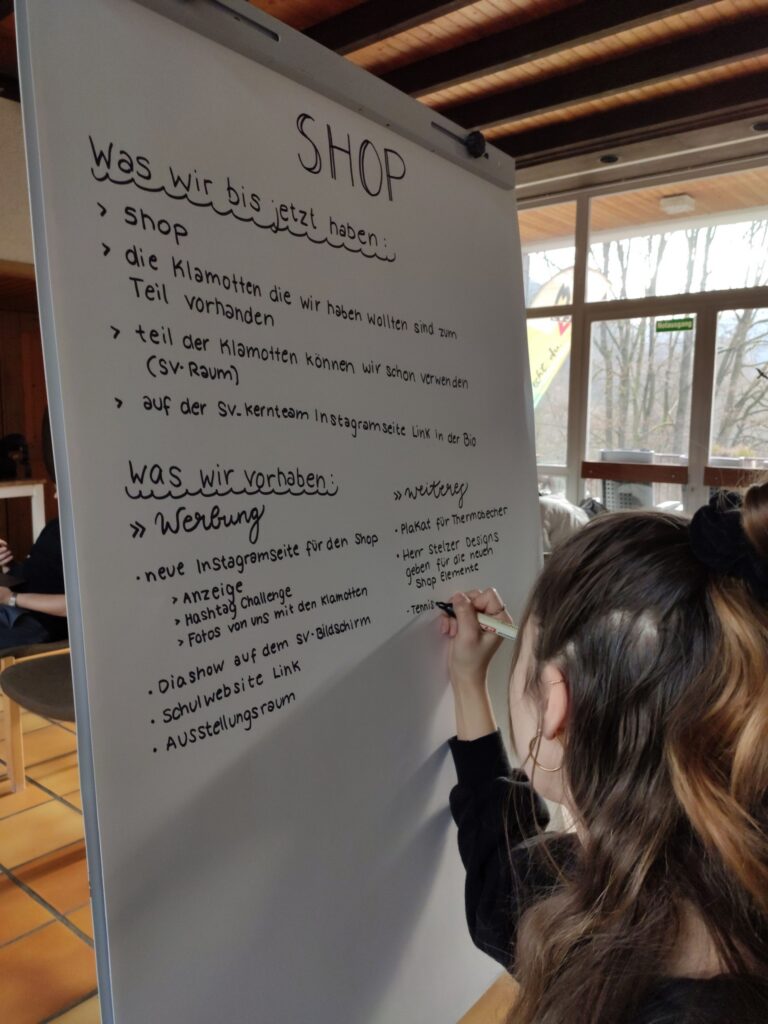 Eine Person schreibt an einem kreativen Projektplakat mit Überschriften und Notizen.