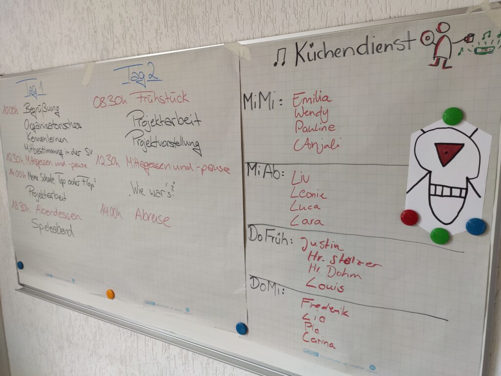 Tafel mit Essensplan, Aufgaben und Küchendienst für die Woche.