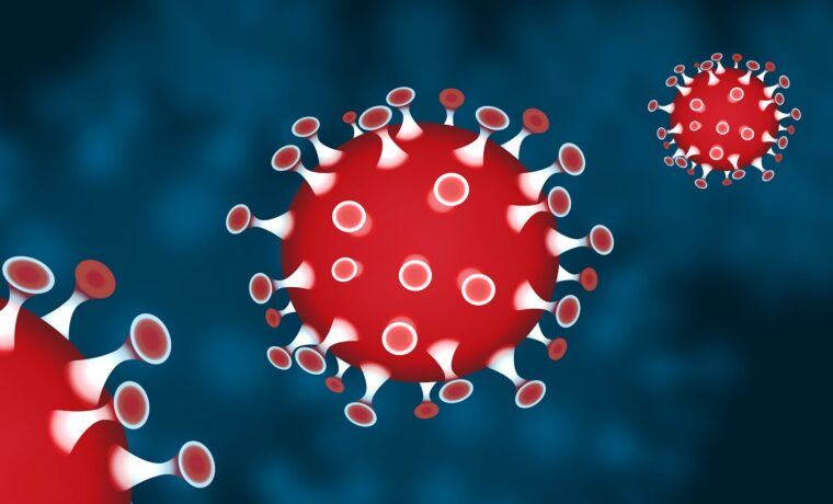 Abstrakte Darstellung von Coronaviruspartikeln auf blauem Hintergrund.