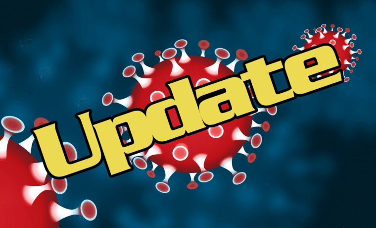 Bild mit dem Text "Update" vor einer grafischen Darstellung von Coronavirus-Partikeln.