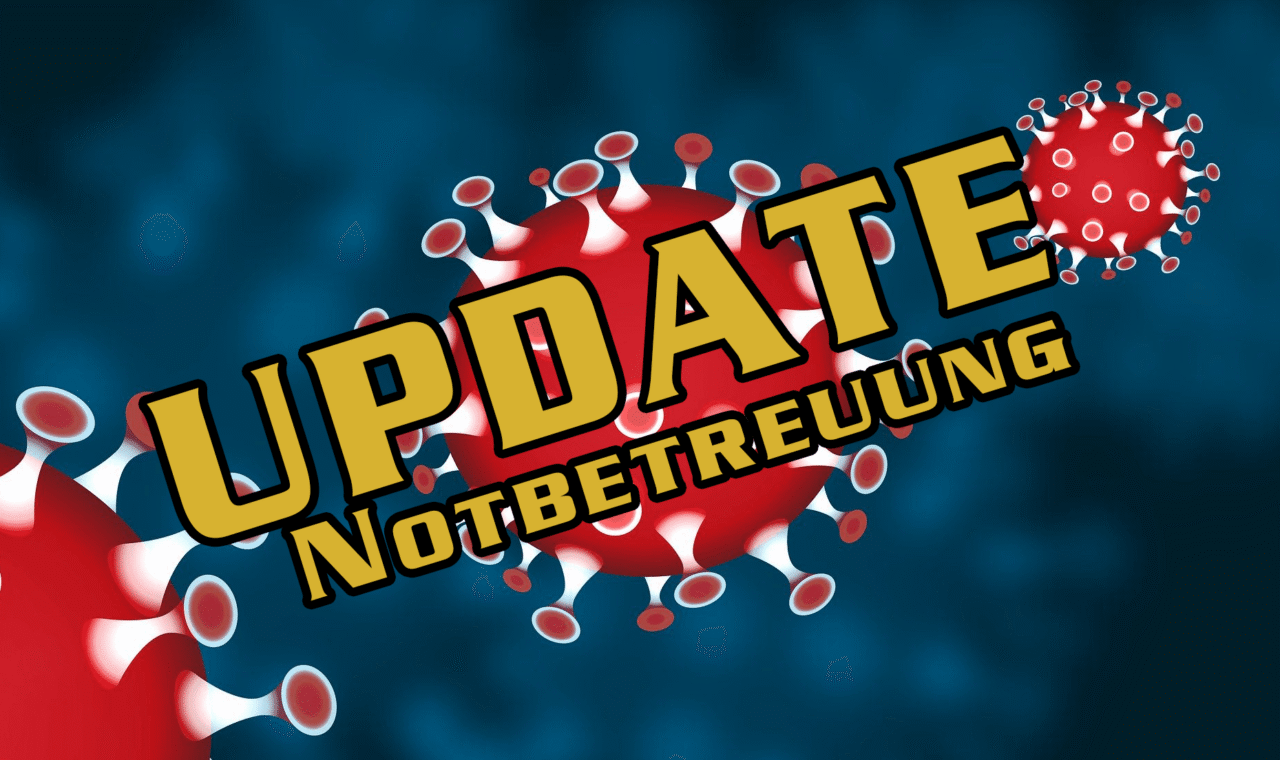 Grafik mit dem Text "UPDATE Notbetreuung" und Virus-Symbolen im Hintergrund.
