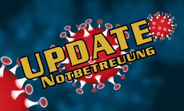 Grafik mit dem Text "UPDATE Notbetreuung" und Virus-Symbolen im Hintergrund.