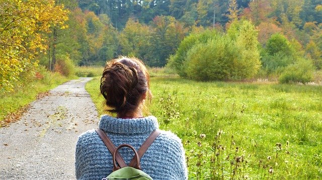 Eine Person mit Rucksack schaut auf einen Weg in einer herbstlichen Landschaft.