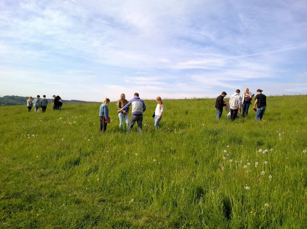 Gruppe von Menschen, die auf einer Wiese spazieren gehen.