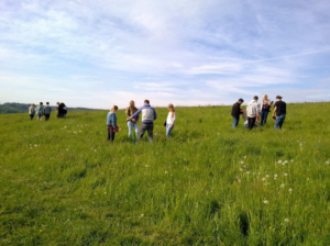 Gruppe von Personen geht über eine grüne Wiese unter blauem Himmel.