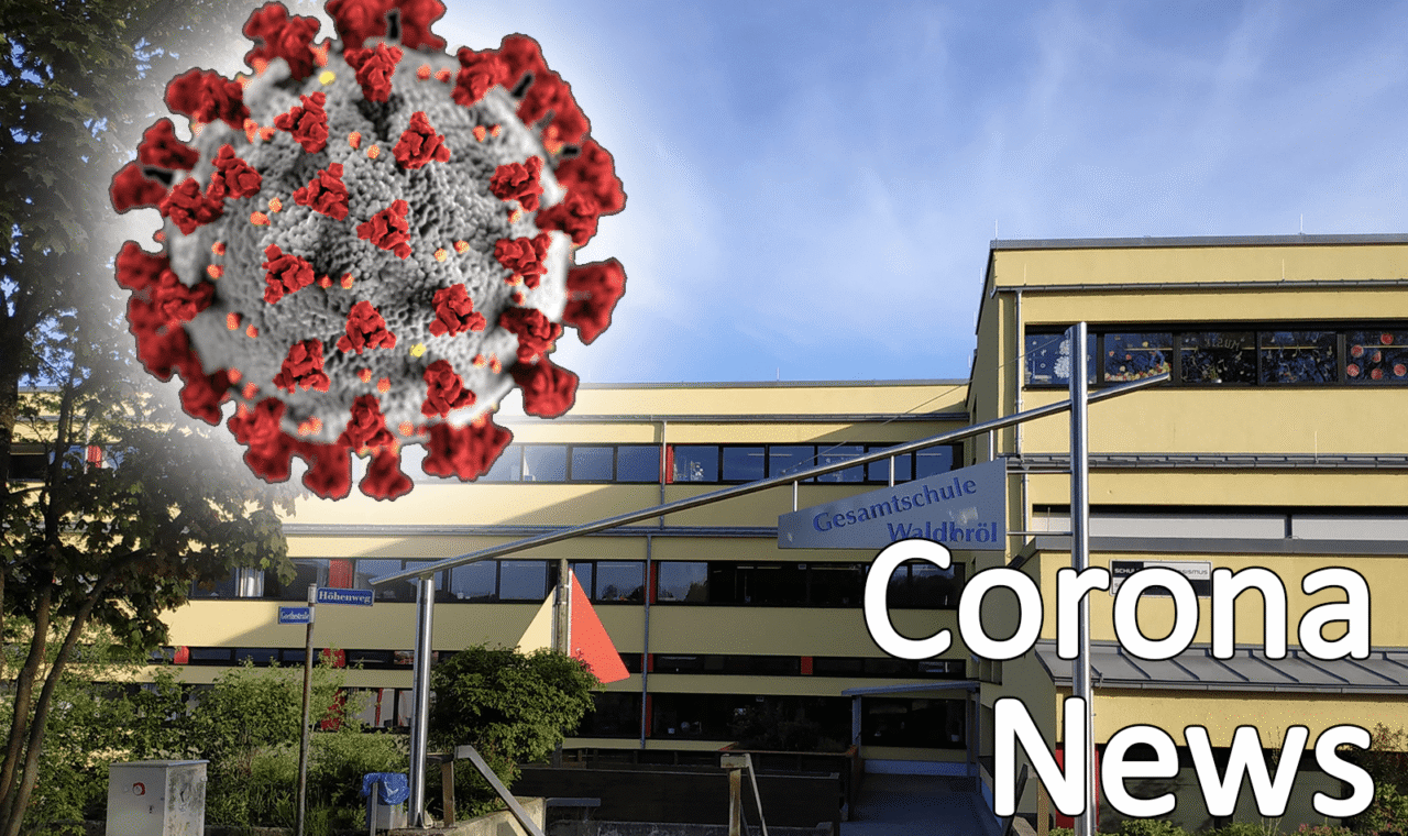 Schulgebäude mit Corona-Virus-Illustration und dem Text "Corona News".
