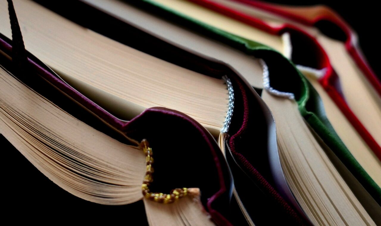 Reihe von geschlossenen Bücher mit bunten Einbänden und sichtbaren Seiten.