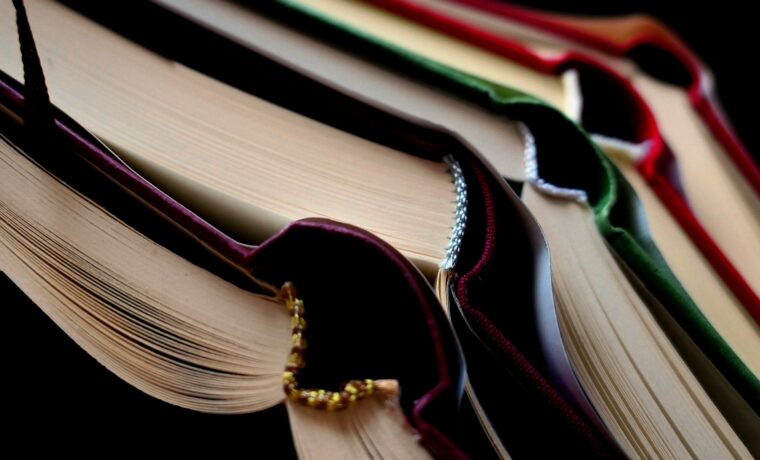 Reihe von geschlossenen Bücher mit bunten Einbänden und sichtbaren Seiten.