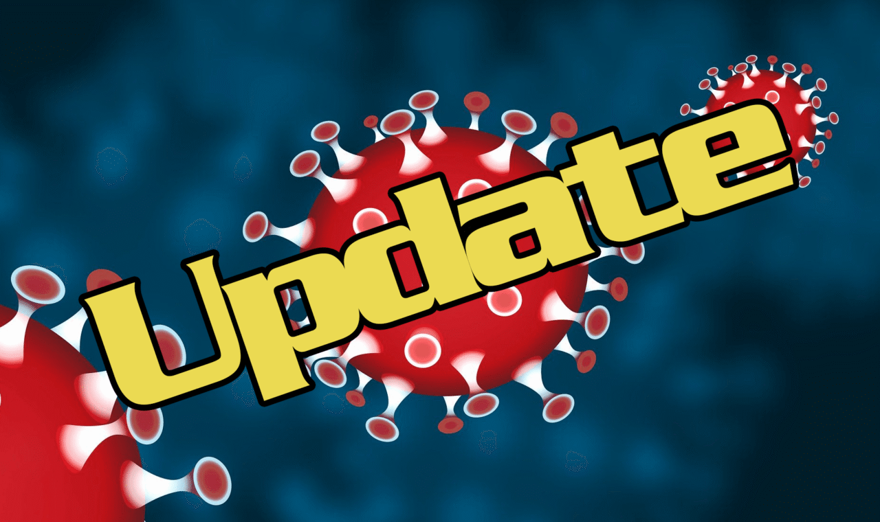 Grafik mit dem Wort "Update" und schematischen Virusdarstellungen.
