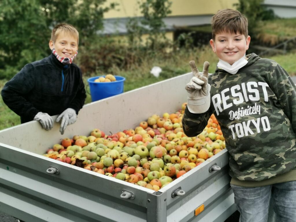 Zwei Jungen lächeln neben einem Anhänger voller Äpfel und Birnen.