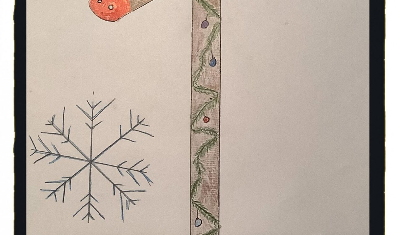 Ein großer, bunter Ziffer "1" mit Rentierelementen und Schneeflocken, darunter steht "Dezember".