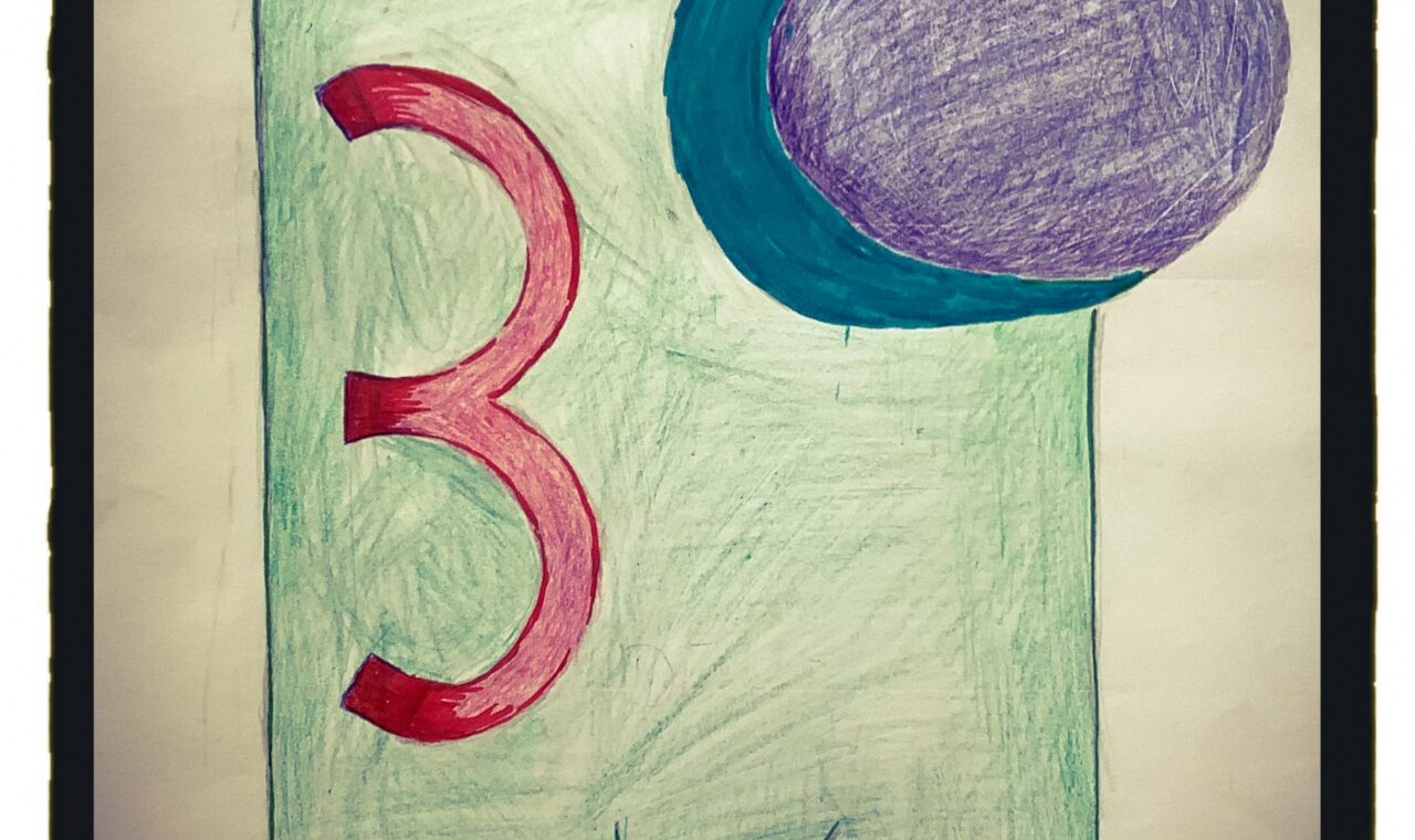 Buntes, gezeichnetes Charakterbild mit der Zahl 3 und runden Formen.