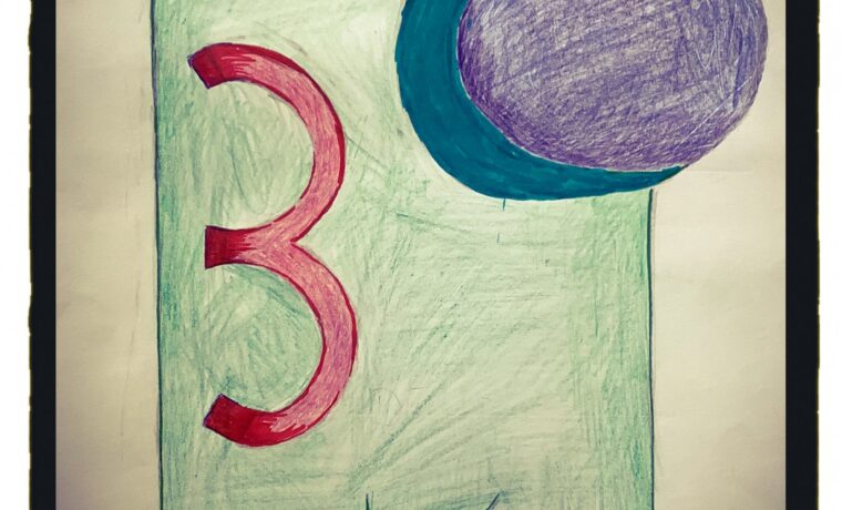 Buntes, gezeichnetes Charakterbild mit der Zahl 3 und runden Formen.