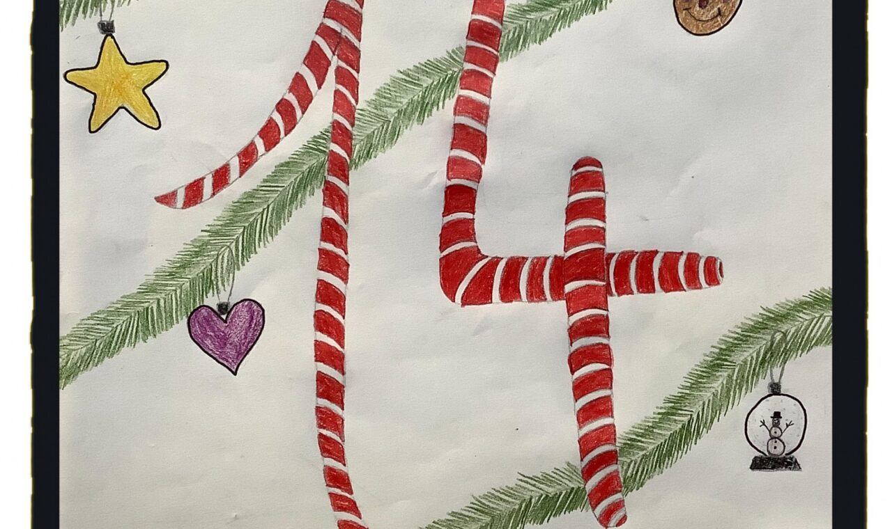 Zahlen und Symbole auf einem dekorativen Weihnachtsplakat.